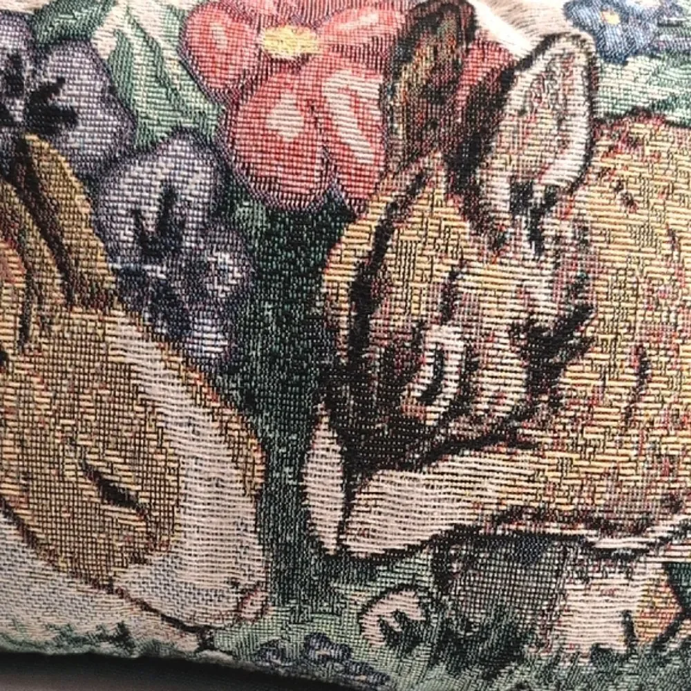 Vintage Floral Bunny Tapestry Accent Pillow Signed Linda Picken